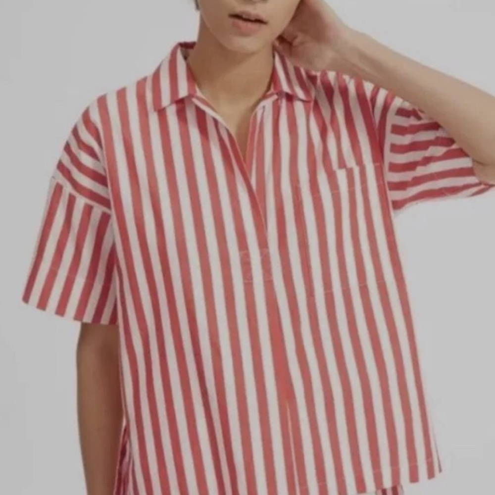Everlane The Cotton Short-Sleeve Popover Shirt striped